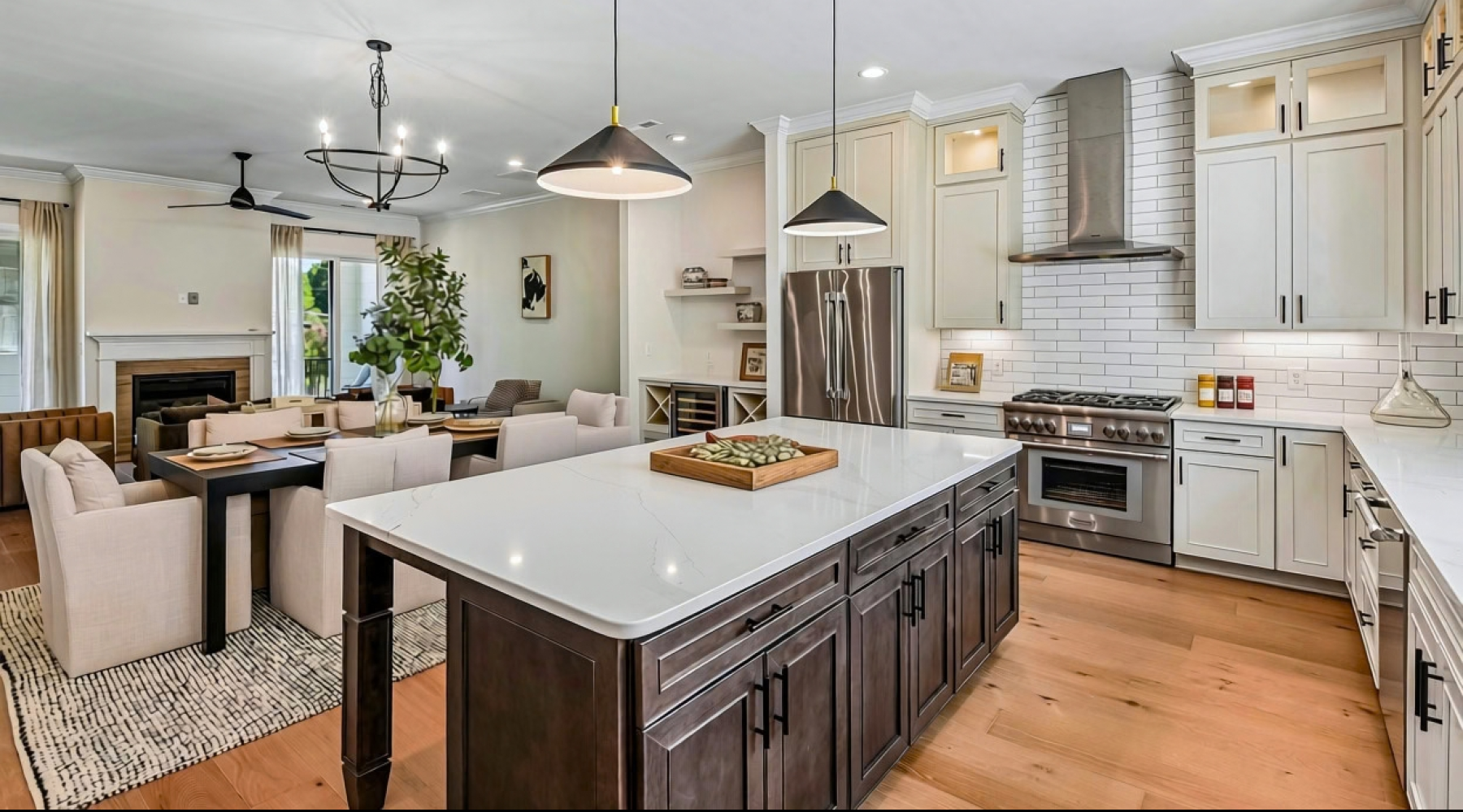 expansive kitchen, dining room and living room