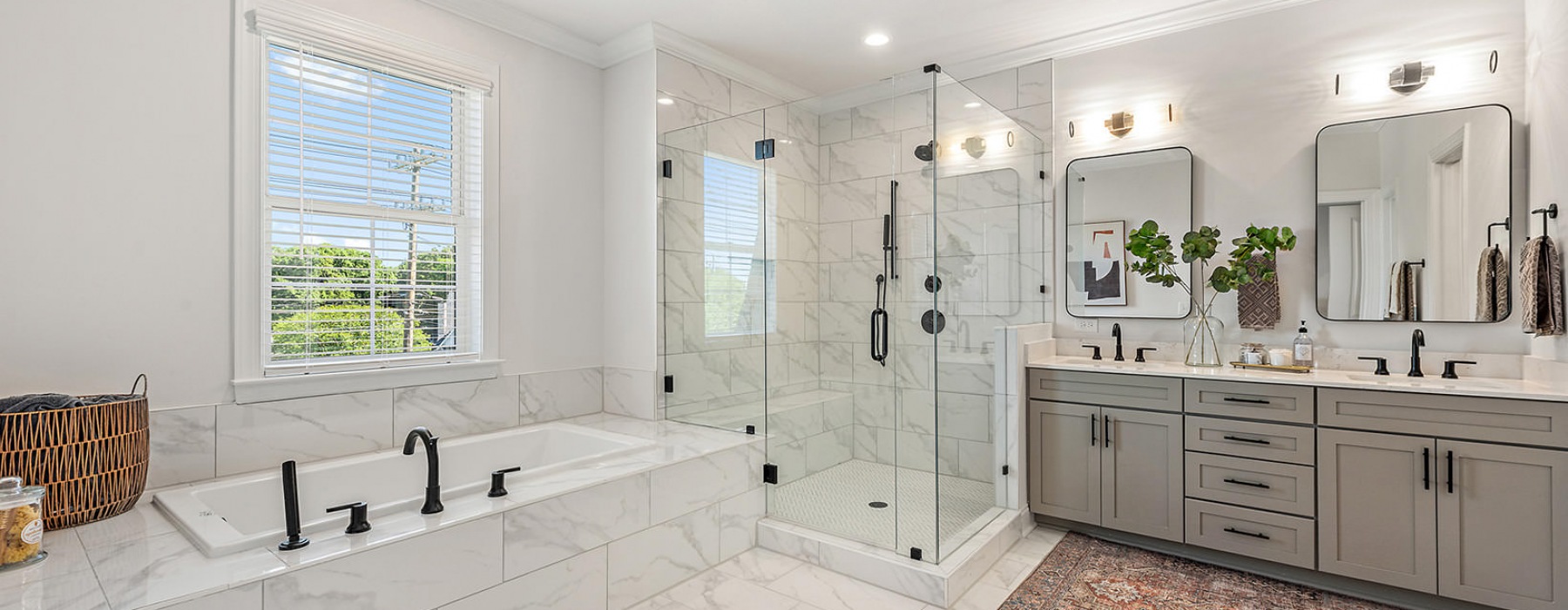 recessed lighting in large bathroom with soaking tub and separate walk-in shower