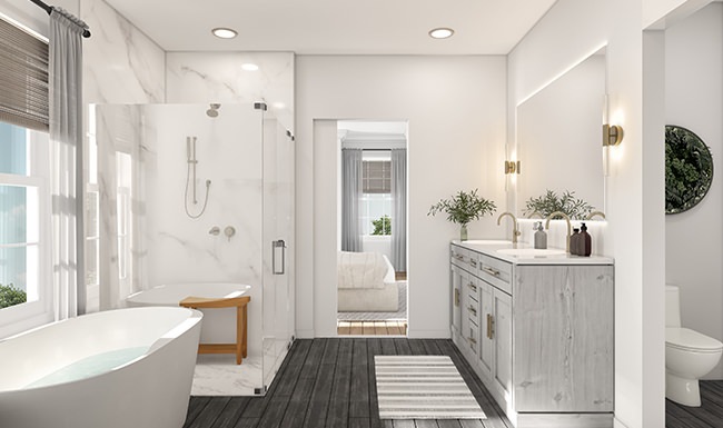 Spacious and very well lit bathroom with large tub and walk-in shower