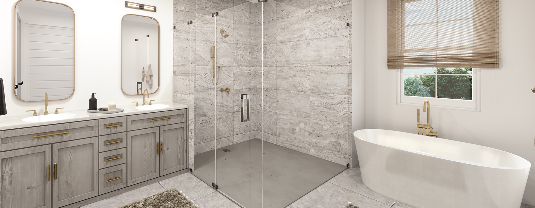 Large well lit bathroom with a large glass shower 